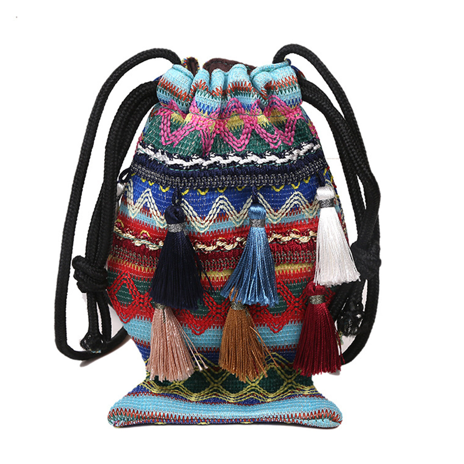 Women Straw Bohemian Stylish Fish Tassel Design Crossbody Bag Fashion Vintage Drawstring Shoulder Ba