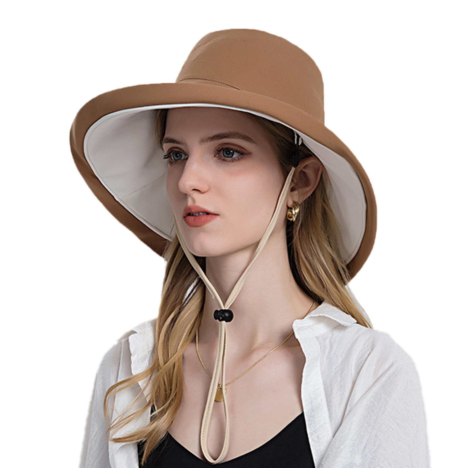 Women Polyester Cloth Casual Outdoor Double-side Back Brim Extended Foldable Sunshade Bucket Hats