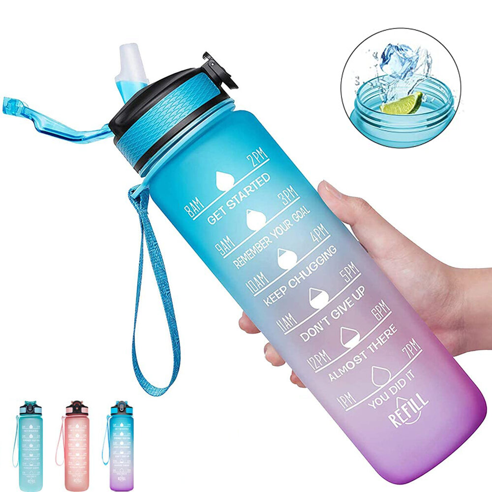 Bouteille d'eau de fitness TRITAN de 34 oz / 1L sans BPA avec marqueur de temps, dégradé de couleurs, étanche et ouverture à un clic pour les enfants