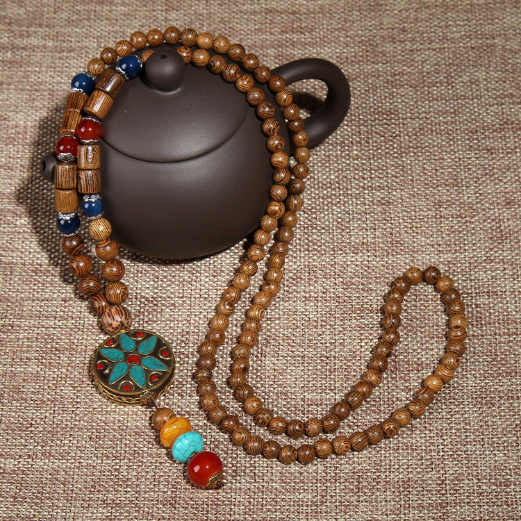 

Vintage Ethnic Wood Beads Necklace Nepal Agate for Men Women