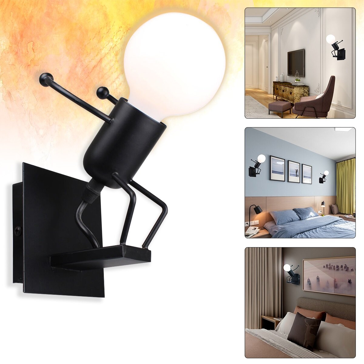 E27 Modern Creative Funny Iron People Jumping Wall Light Hanging Chandelier Fixtures Iron Art Bedside Lamp Black/White B