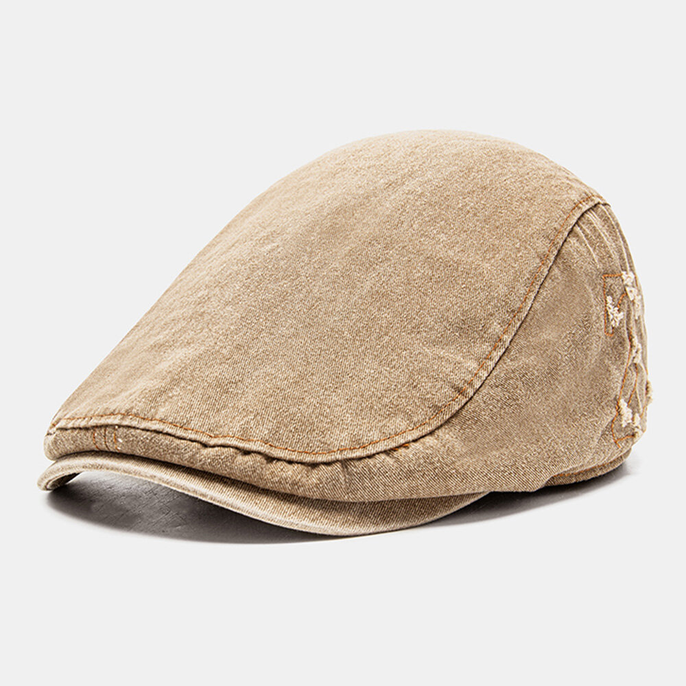 

Men Cotton Letter Embroidery Worn Hole Beret Flat Cap Fashion Adjustable Breathable Forward Cap
