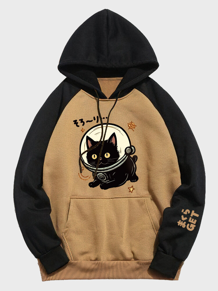 

Mens Japanese Cartoon Cat Print Contrast Patchwork Drawstring Hoodies