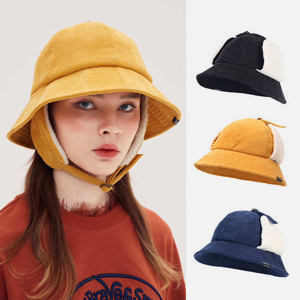 Women Corduroy Plus Hat Circumference Ear Protection Tie Keep Warm Bucket Hat