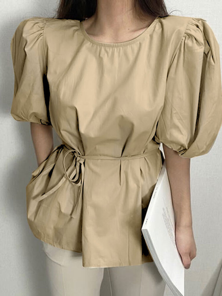 

Однотонная однотонная повседневная блузка с объемными рукавами и круглым вырезом со складками для Женское