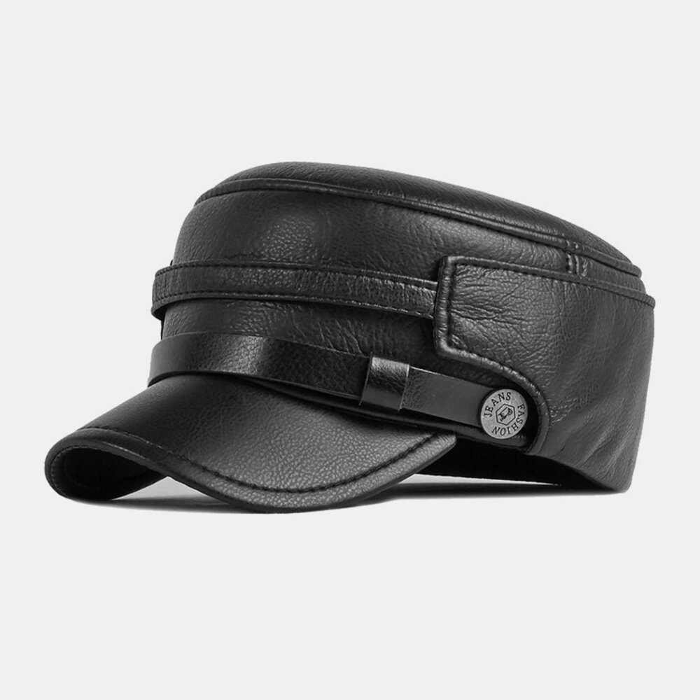 Men Cadet Army Caps PU Leather Curved Brim Ear Protection Retro Warm Flat Top Hat