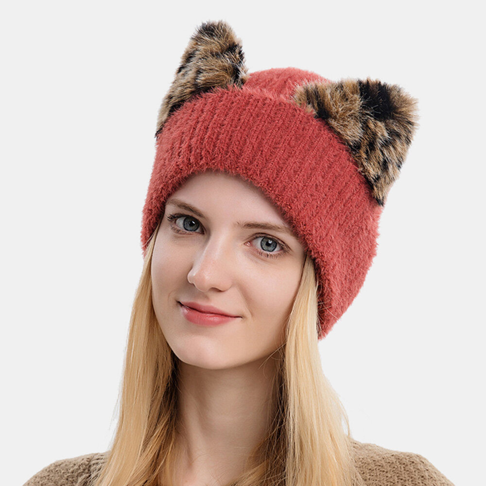 Women Knitted Hat Leopard Print Cat Ear Decoration Stretch Warmth Brimless Beanie Hat