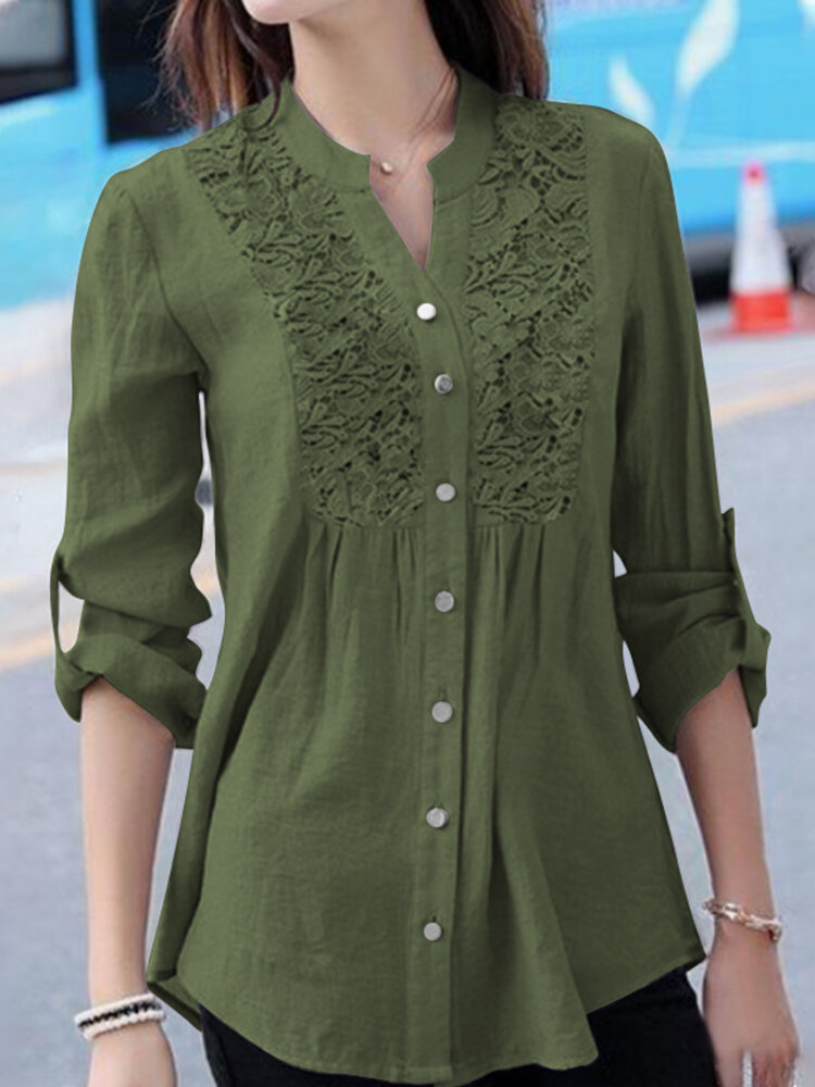 Lace Stitch Solid Button Long Sleeve Blouse For Women