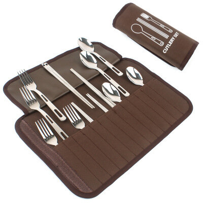 Outdoor Camping Barbecue BBQ Tableware Set 4 People Cutlery Portable Stainless Steel Spoon Chopsticks Fork Picnic Bag