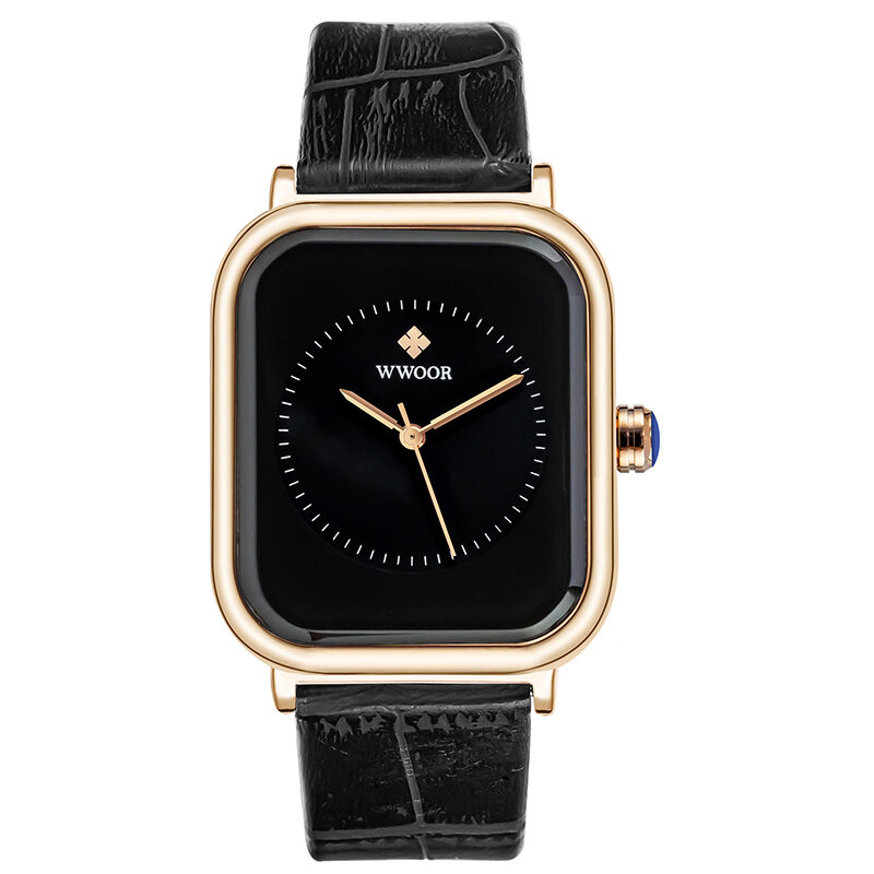 

WWOOR 8873 Rectangle Dial Creative Design Women Wrist Watch Genuine Leather Strap Quartz Watch
