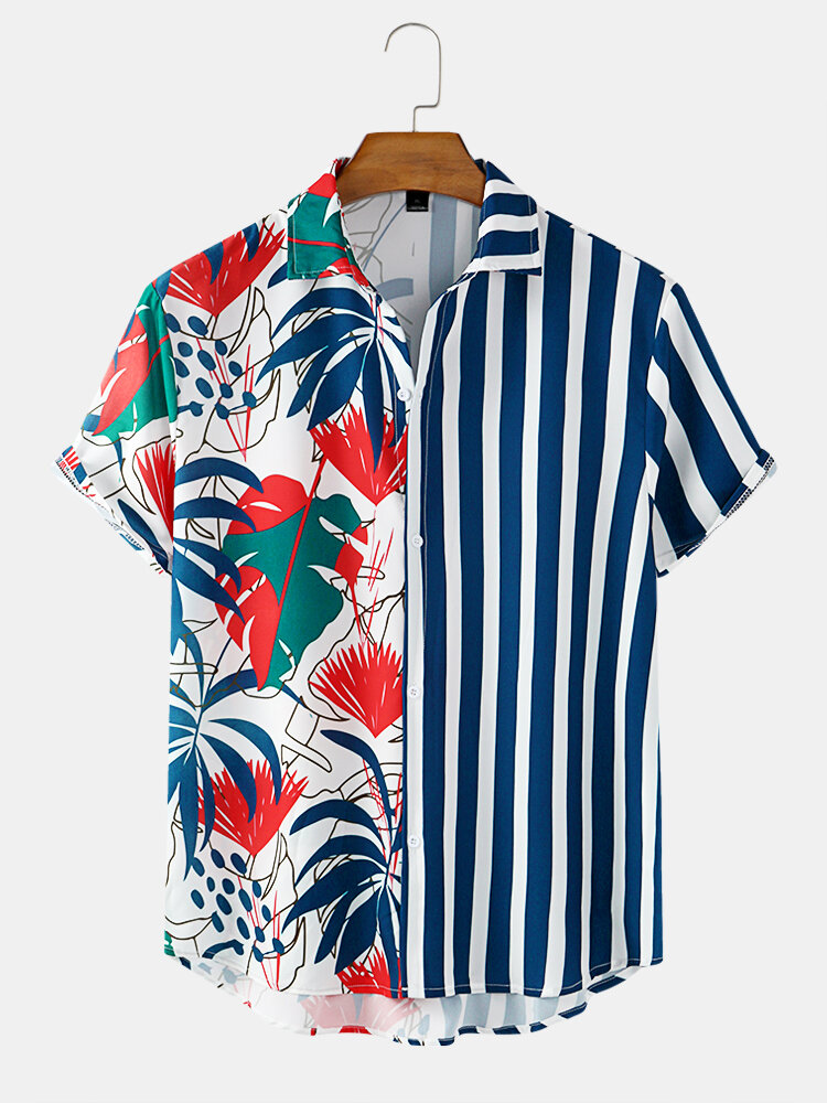 Banggood Design Spliced Tropical Leaf Colorful Stripe Mixed Print Short Sleeve Casual Holiday Shirts