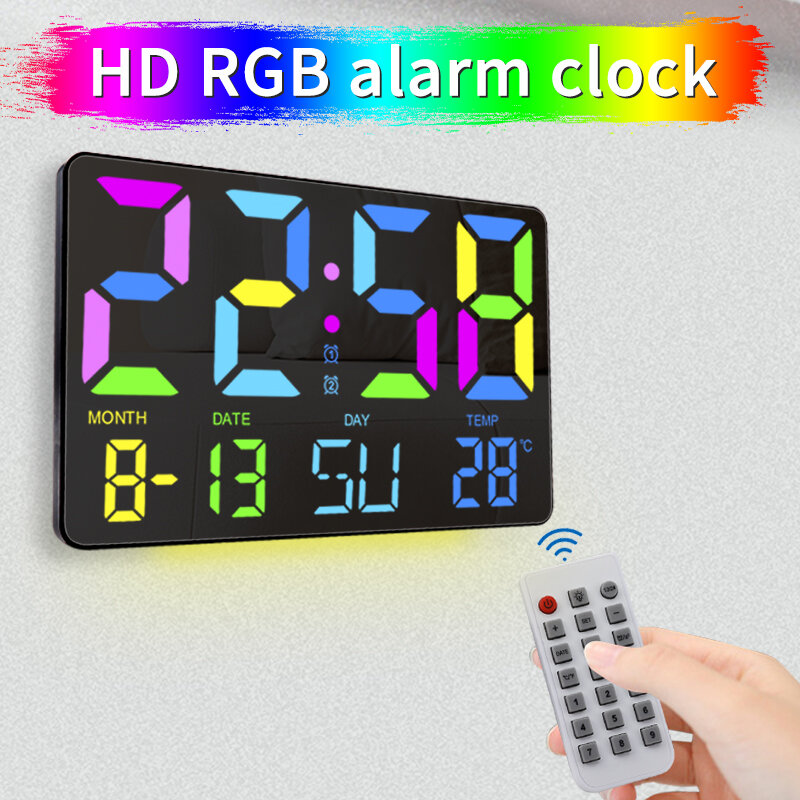 

AGSIVO Large RGB Rainbow Digital Wall Clock Alarm Clock Large LED Display with Snooze / Remote Control / Automatic Brigh