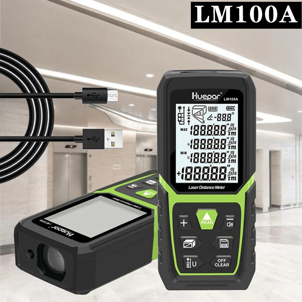

Huepar LM100A Laser Rangefinder 330Ft/100M Distance Meter Backlit LCD Laser Measure M/In/Ft with Li-ion Battery Electric