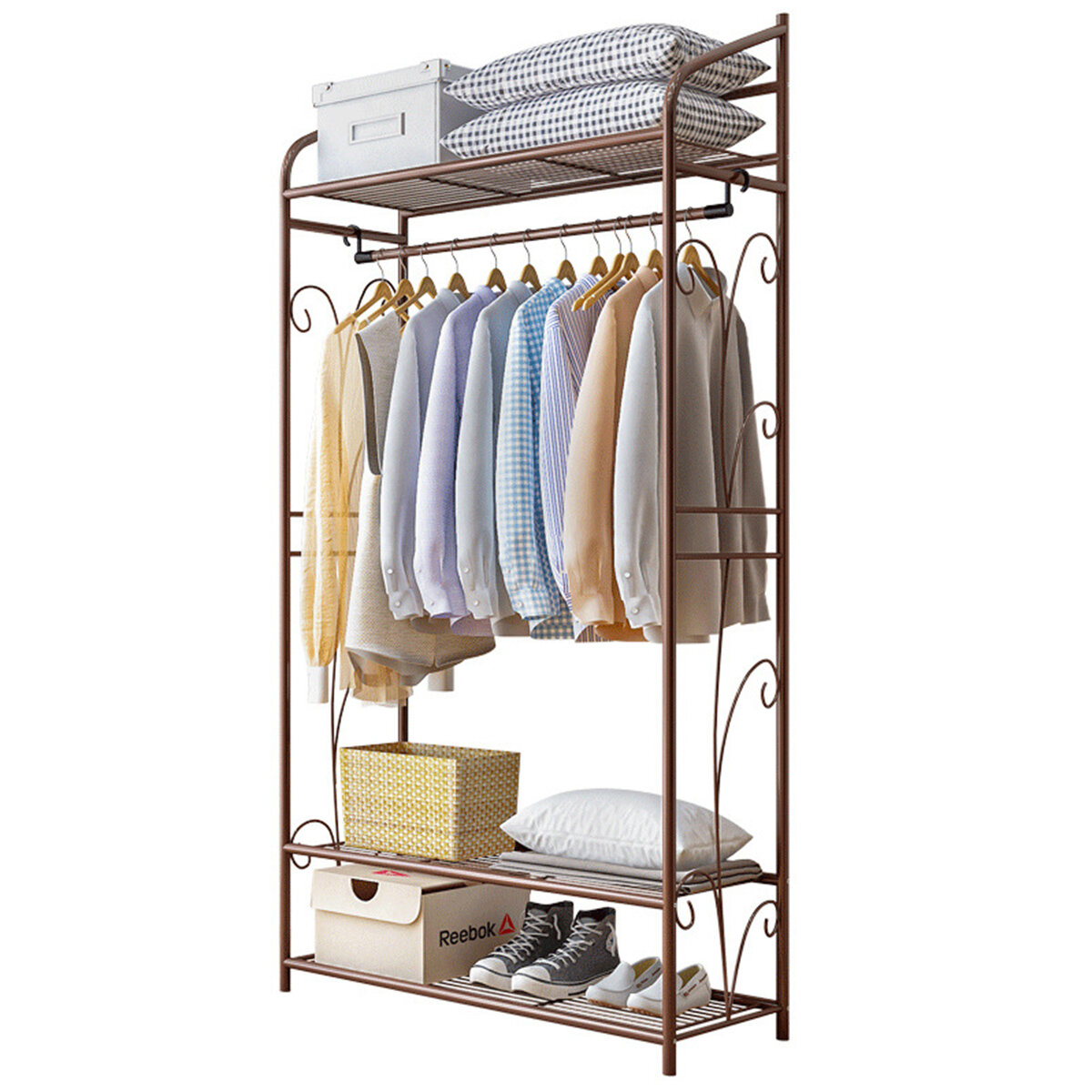 

4 Tiers Stainless Steel Coat Rack Shoes Rack Multifunctional Bookshelf Clothing Hanging Rack Garment Clothes Shelf Home