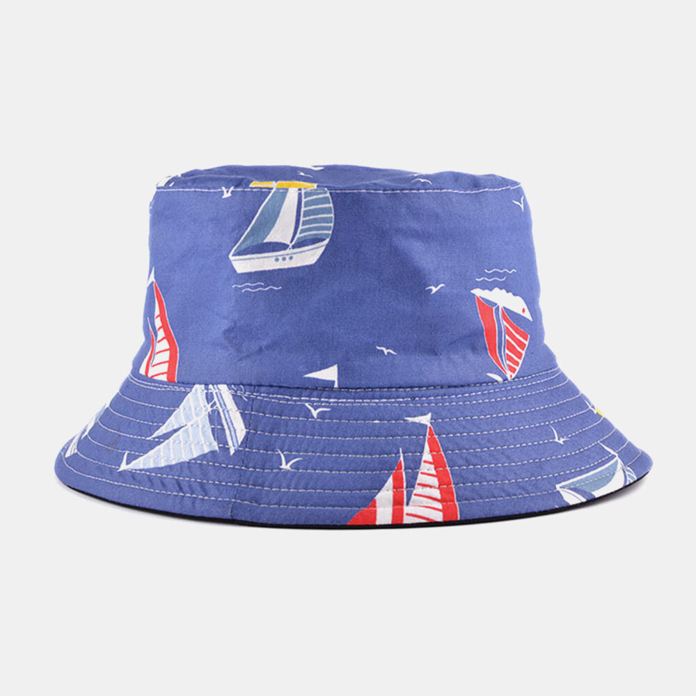 

Unisex Cotton Double-sided Stripe Pattern Sailboat Anchor Rudder Printing Outdoor Wild Sunshade Bucket Hat