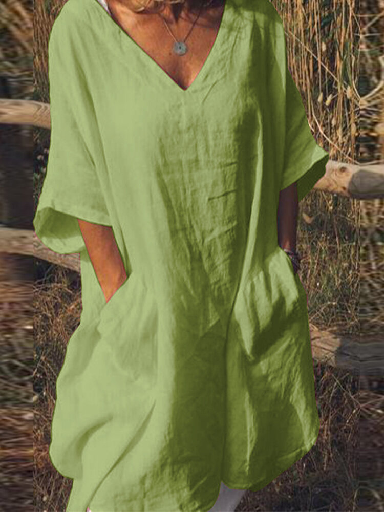 Solid short sleeve v-neck pocket casual dress Sale - Banggood.com