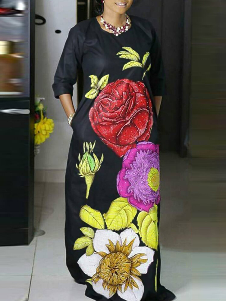 Flower Printing Side Pockets Europe Style Fashion Maxi Dress