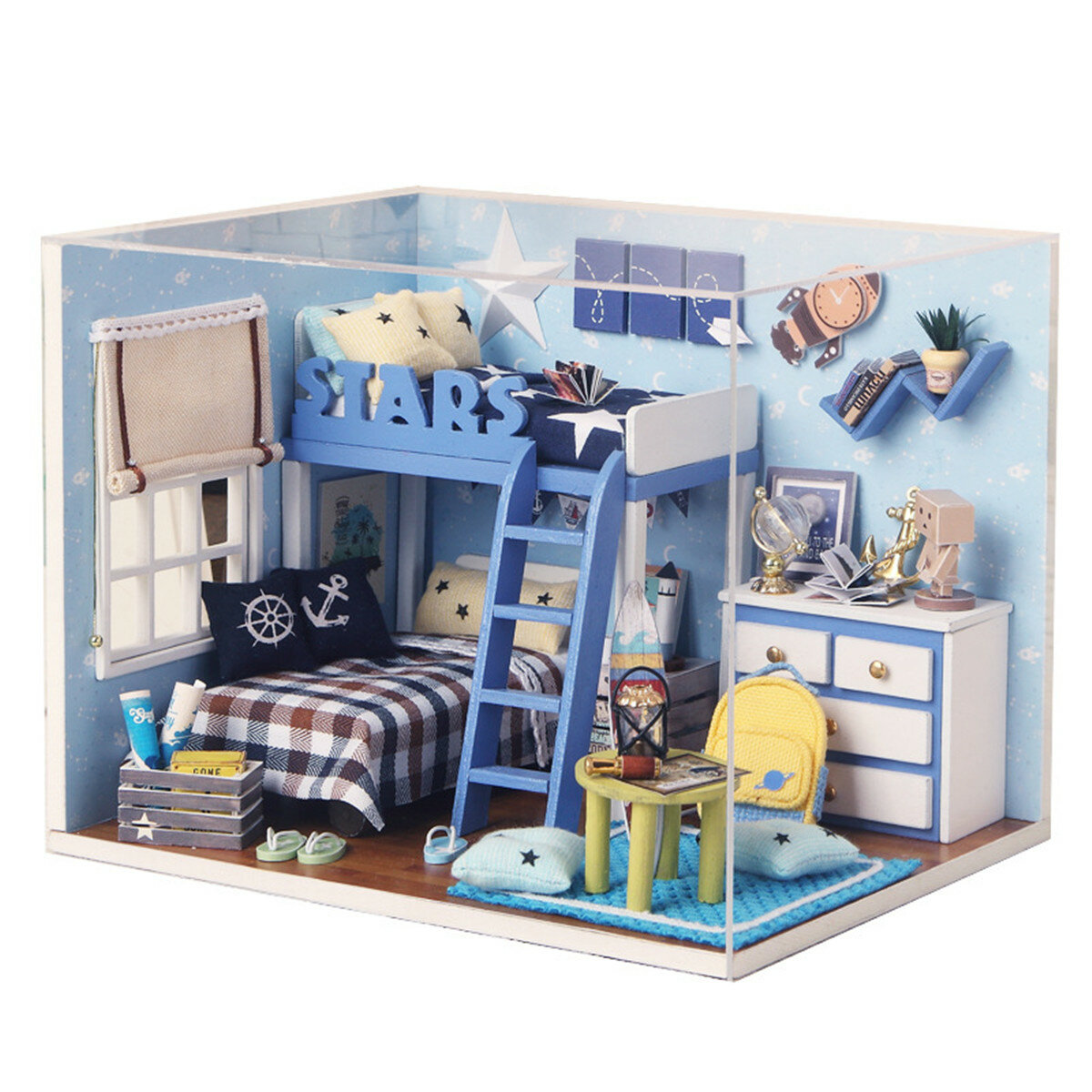 DIY Doll House Set Wooden Blue Pink Doll House With LED Lighting Children Hands On Ability Training Toys For Home Decoration