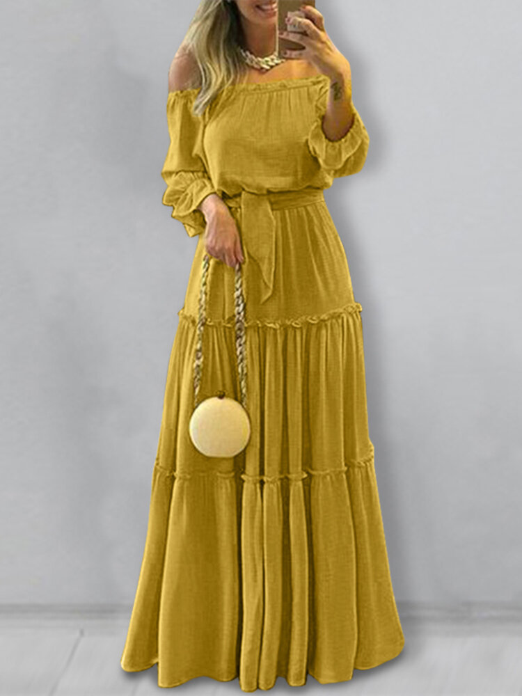 Dames off-shoulder pofmouwen geplooide patchwork elegante effen kleur maxi-jurk