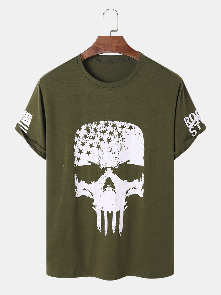 Men Skull & Letter Graphic Short Sleeve Retro Style Cool Street Soft Breathable T-Shirt