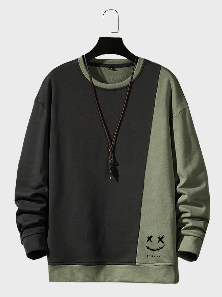 

Mens Smile Print Two Tone Patchwork Pullover Sweatshirts