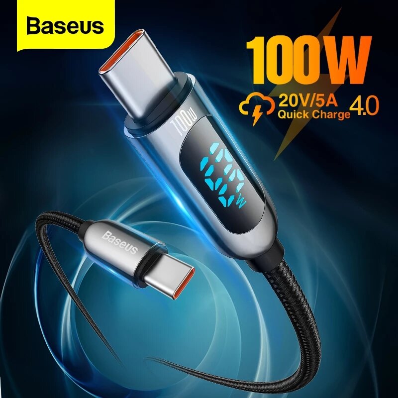 Baseus 100W LED Display USB-C to USB-C PD Power Delivery Cable E-mark Chip Fast Charging Data Transfer Cord Line for Sam