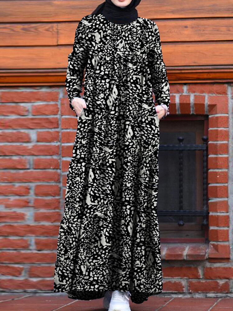 Dames Retro bloemenprint O-hals Kaftan Maxi-jurken met lange mouwen en zak