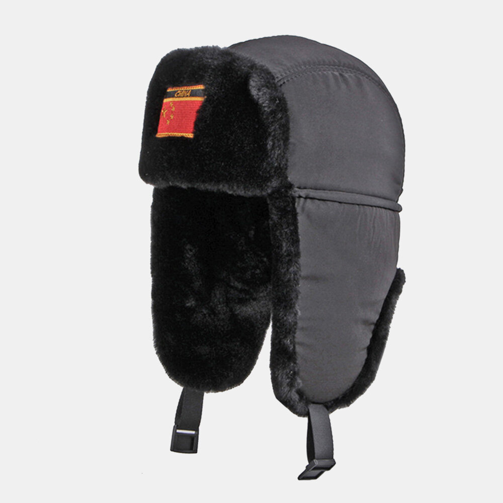 

Men Trapper Hat Embroidery Flag Patch Plus Velvet Thickened Outdoor Windproof Warmth Ushanka Hat
