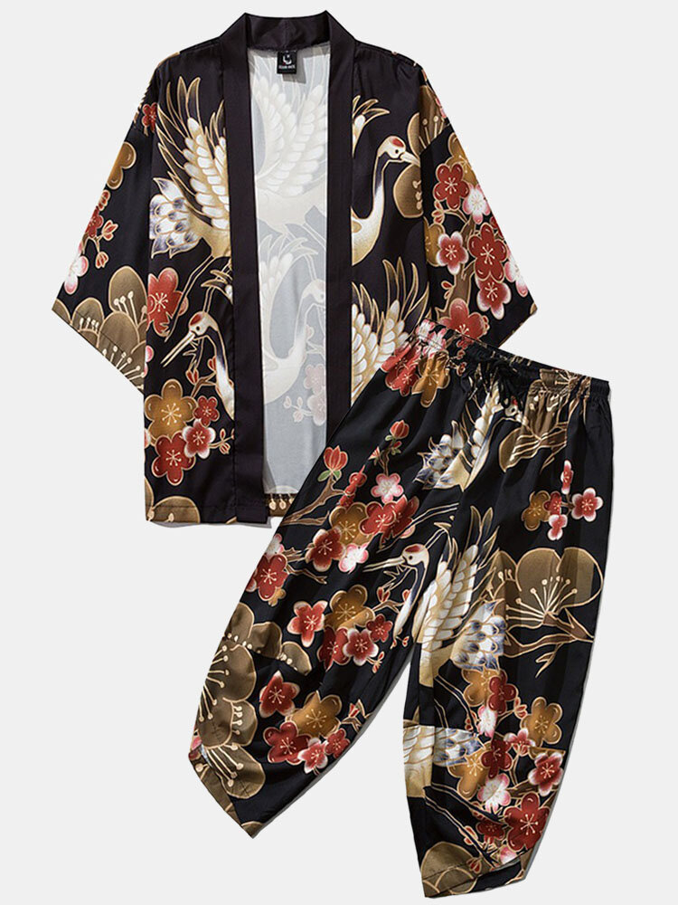 Mens Japanese Kimono Crane Flower Print Open Front & Pants Co-ords