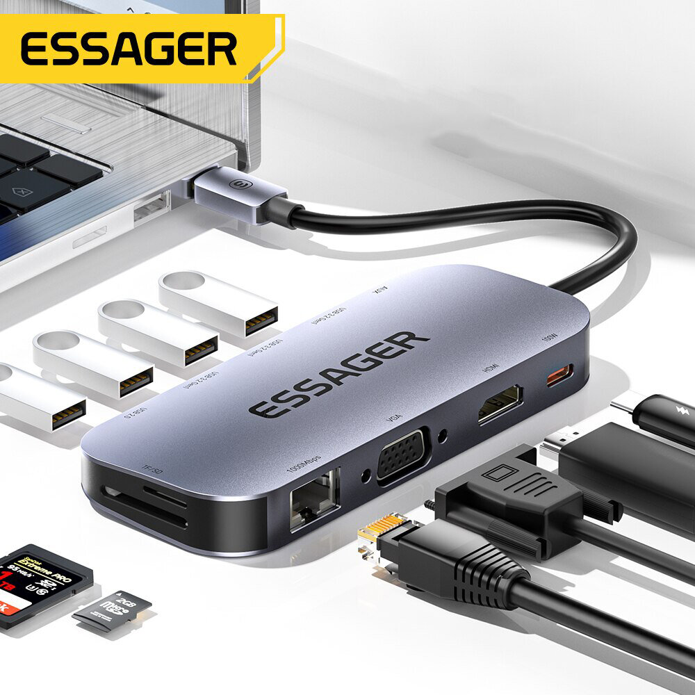 Essager 11 in 1 USB C HUB 4K 30HZ Type C Dockingstation voor Macbook Air Pro Adaptersplitter voor la