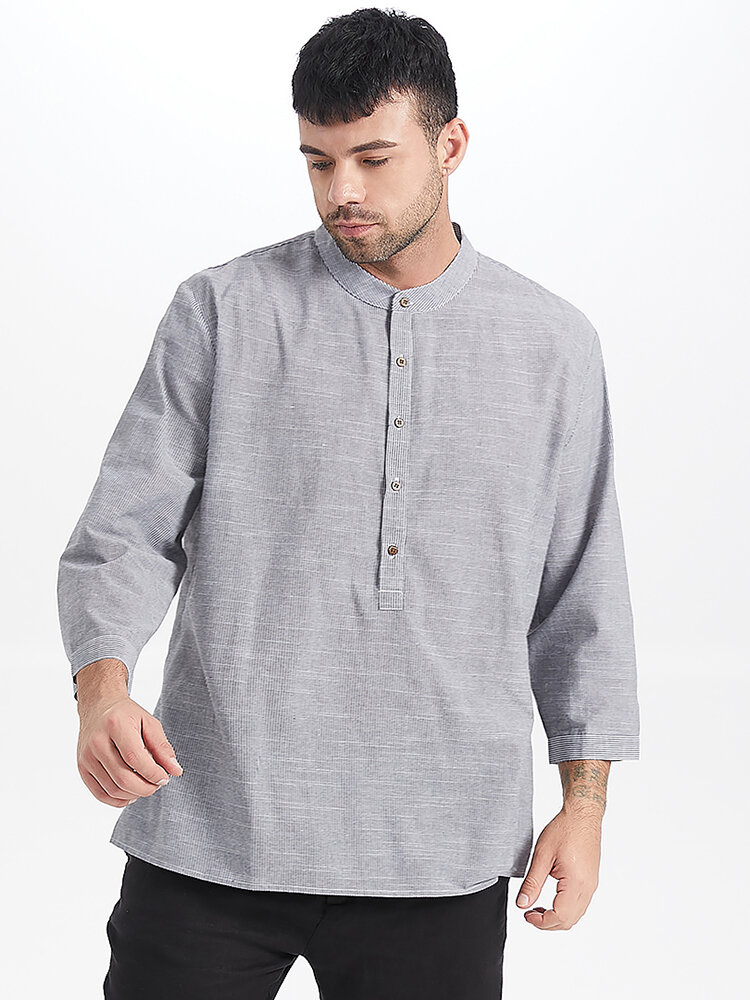 

Plus Size Mens Pinstripe Print 100% Cotton Simple Henley Shirts