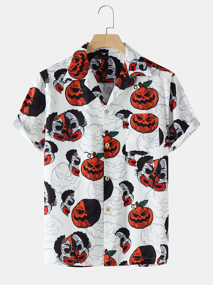 Heren Street Funny Pumpkin Print Revere Collar Shirts