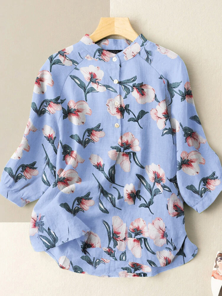 Flower print stand collar button 3/4 sleeve blouse for women