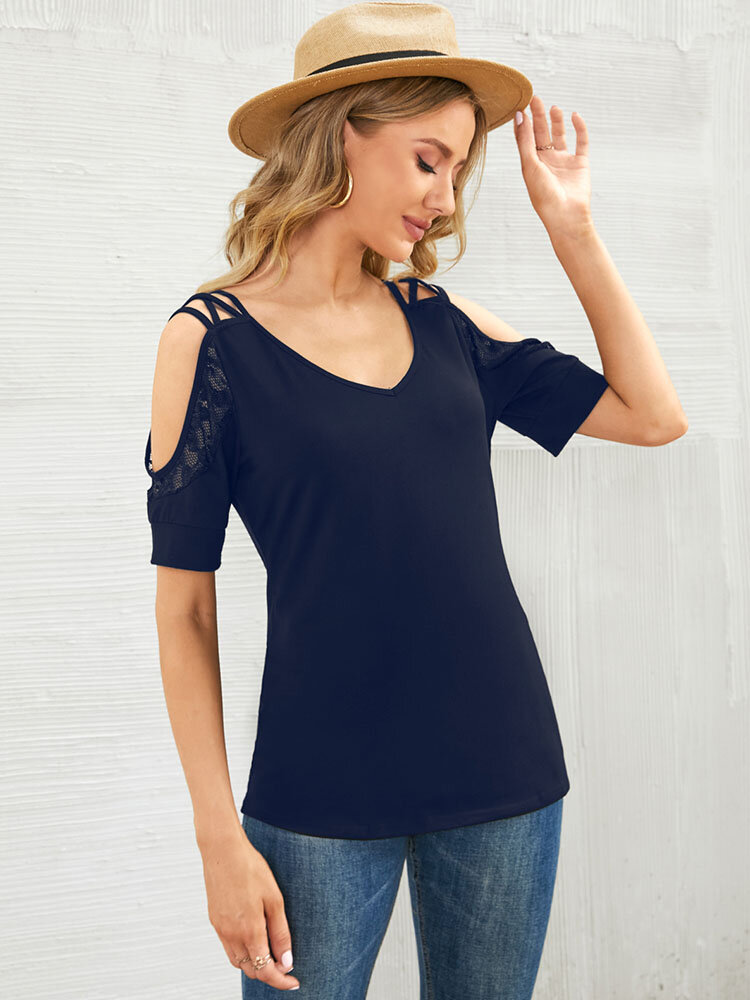 Solid Lace Splitsing Cold Shoulder Backless Casual Blouse