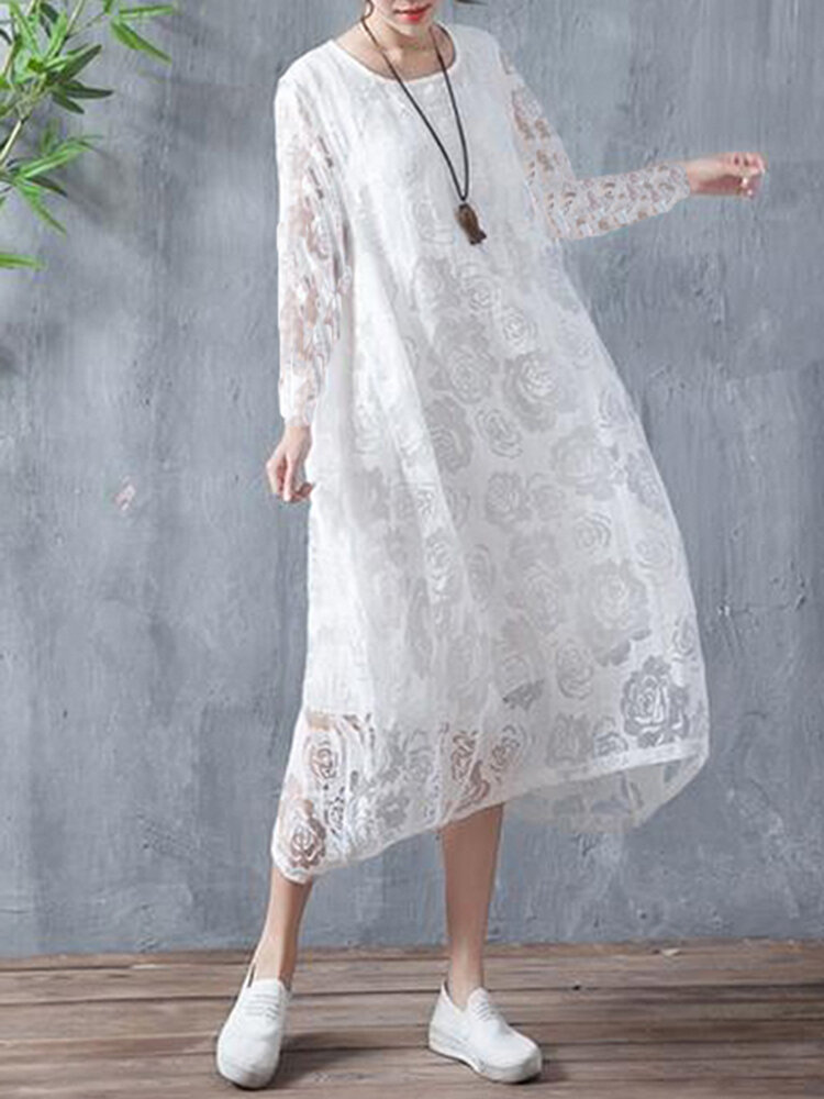 Elegant women long sleeve solid color floral lace sheer dress Sale ...