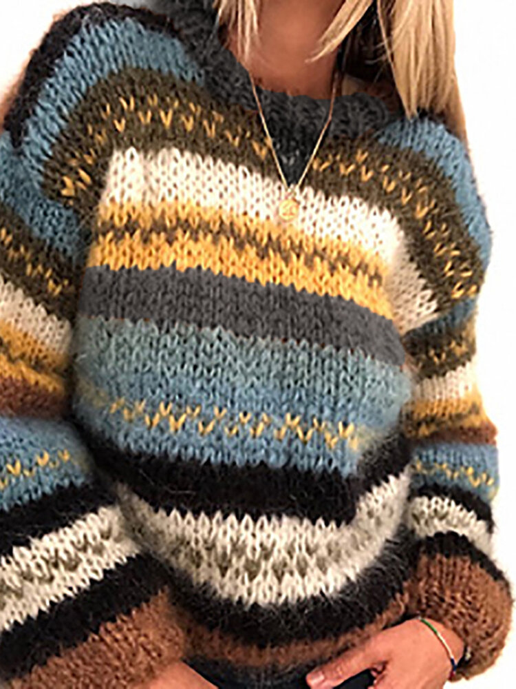 Women Vintage Stripe Knitted Long Sleeve Warm Sweaters