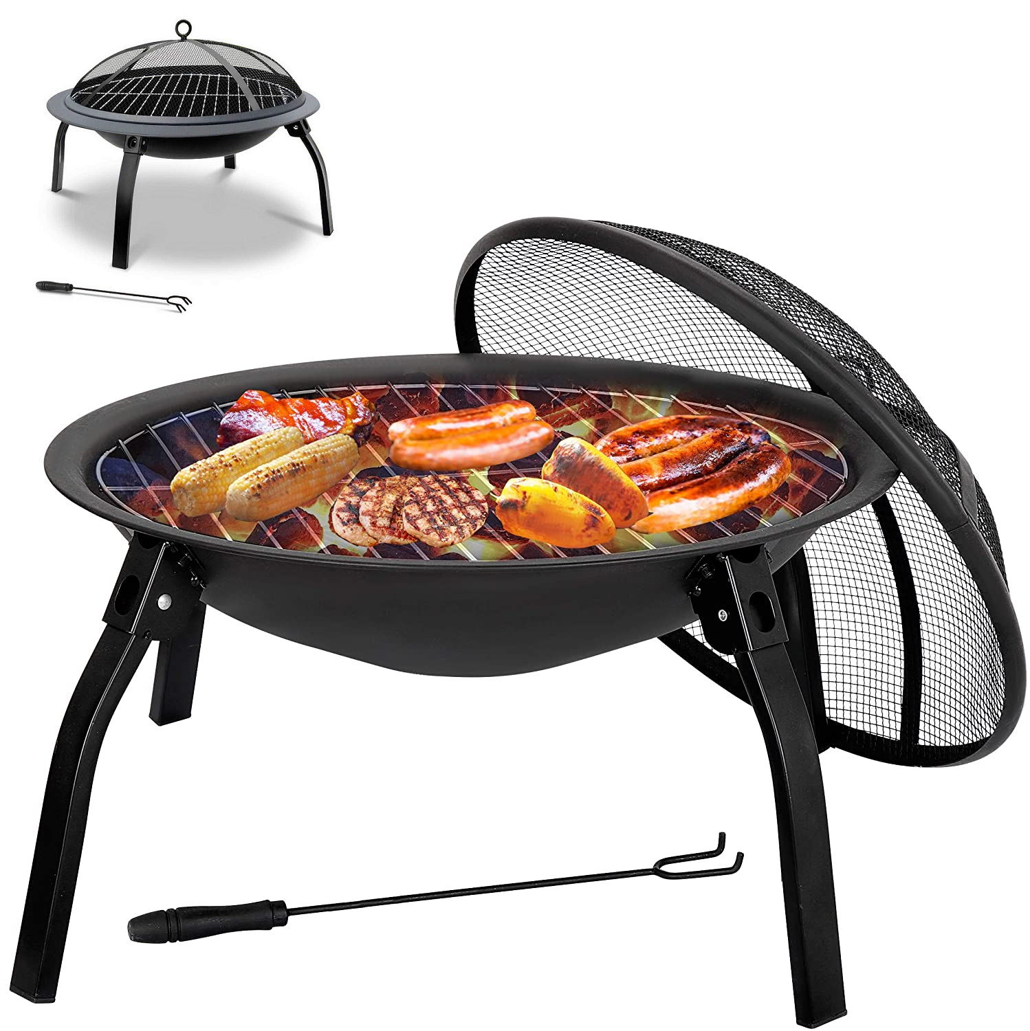 22inch Folding Steel Fire Pit Bbq Grill, Round Fire Pit Grill