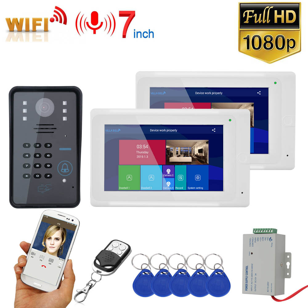 

ENNIO 7inch 2 Monitors Wireless Wifi RFID Password Video Phone Doorbell Intercom Entry System with Wired IR-CUT 1080P Wi