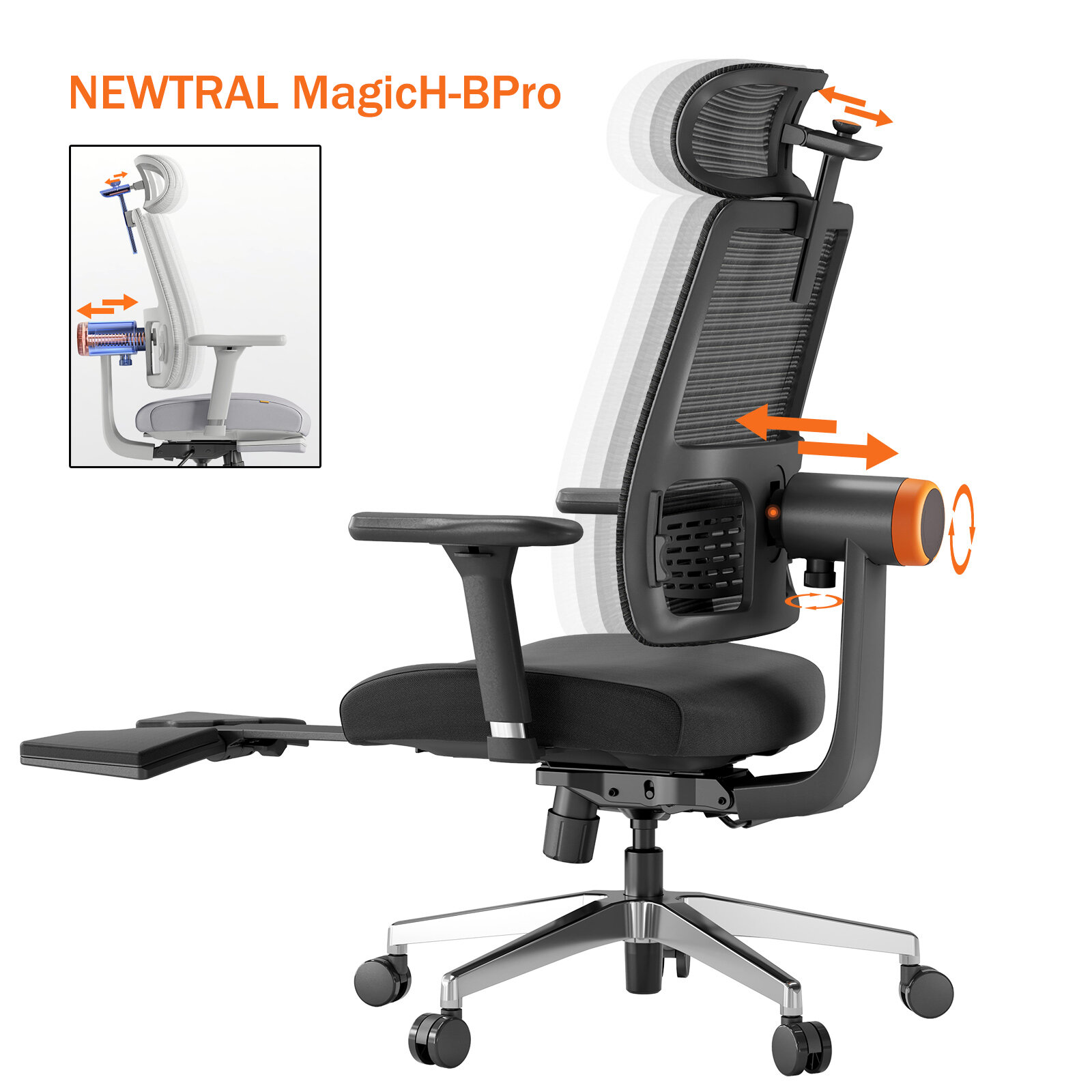 NEWTRAL MagicH-BPro Ergonomic Chair with Footrest, Auto-Following Backrest Headrest, Adaptive Lower Back Support, Adjust