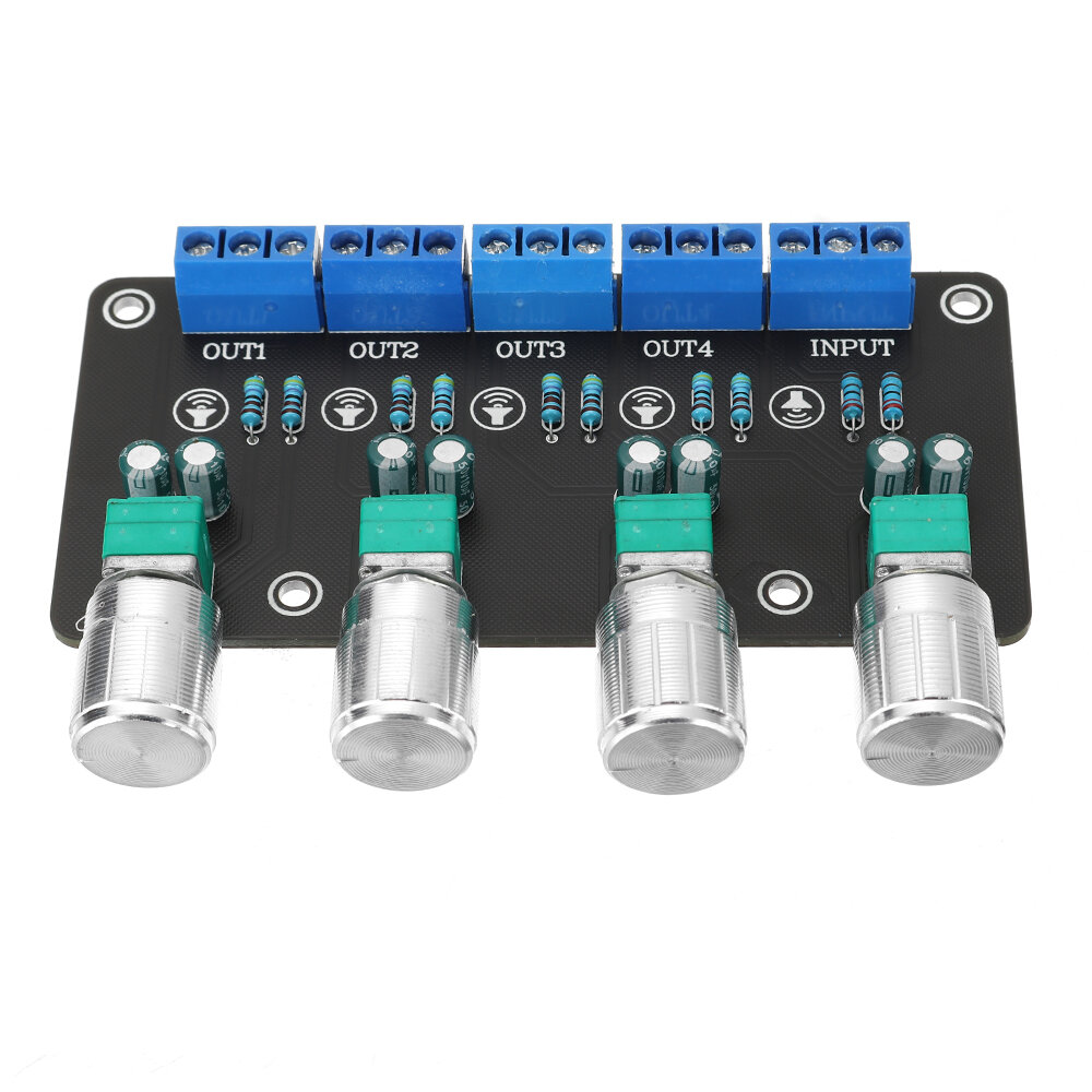 

1 In 4 Out Passive Audio Signal Splitter Volume Knob Independently Controls Multiple Signals 3P Terminal with Potentiome