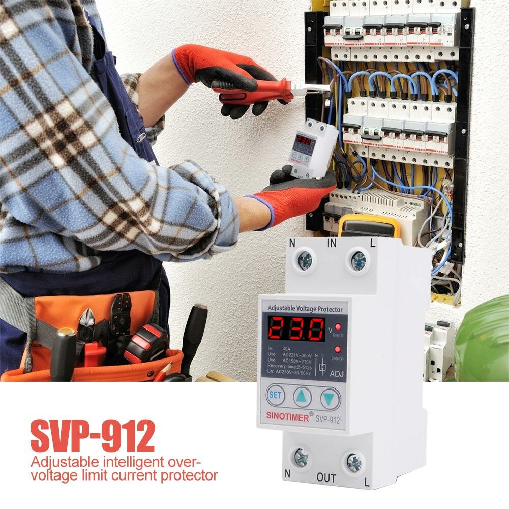 

SINOTIMER SVP-912 40A 63A 80A DIN Rail Adjustable Automatic Reconnect Protection House Surge Protector Protective Over V