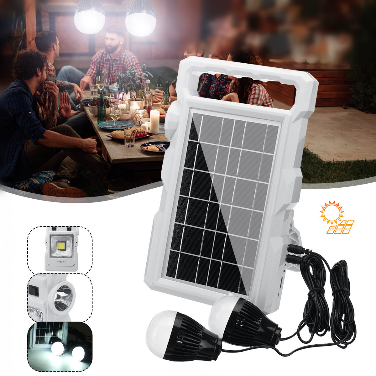 Lumière de travail de panneau solaire de 2400 mAh Système de générateur de stockage rechargeable Lampe de camping LED extérieure Lampe de recherche de pêche