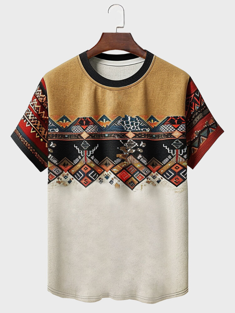 

Mens Ethnic Geometric Print Patchwork Short Sleeve T-Shirts
