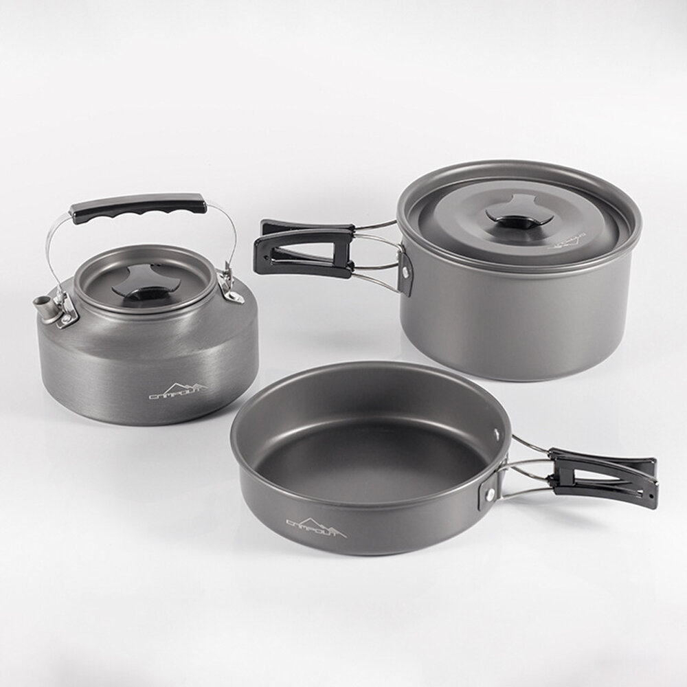 CAMPOUT 3 Pcs/Set Frying Pan Folding Pot Cooking Teapot Aluminum Alloy Portable Camping Picnic Tableware