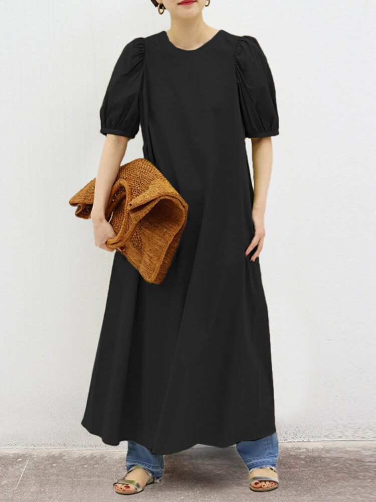 Woman Puff Sleeve Holiday Solid Maxi Dress