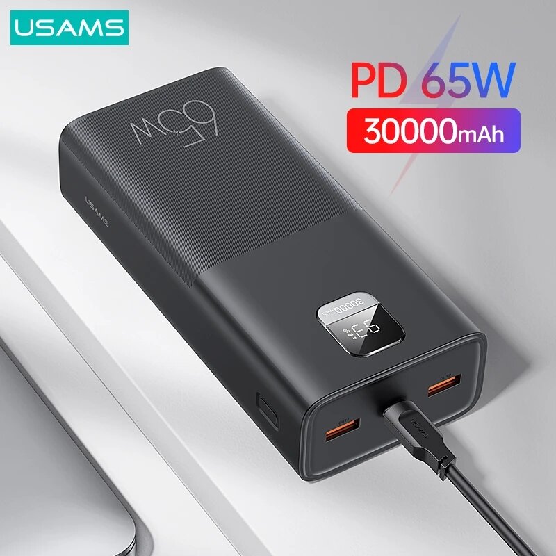 

USAMS 30000mAh 65W Digital Display Fast Charging Power Bank PD QC FCP SCP AFC External Battery for iPhone 14 13 for Sams