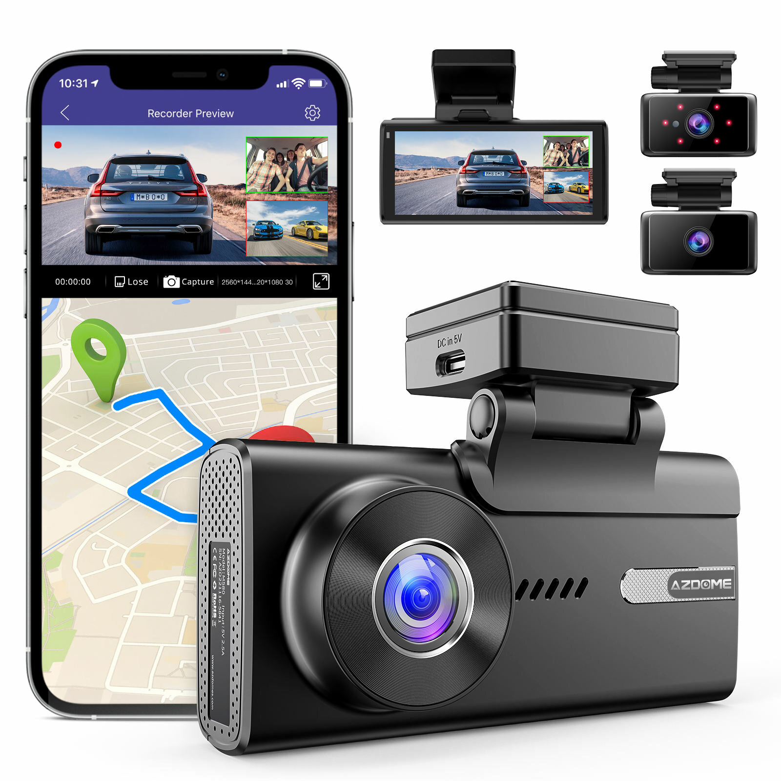 AZDOME M580 5K 4 Inch Screen Car Dash Cam 3 Lens Night Vision Built In G-Sensor 2.4/5G WIFI GPS Emergency Accident Lock