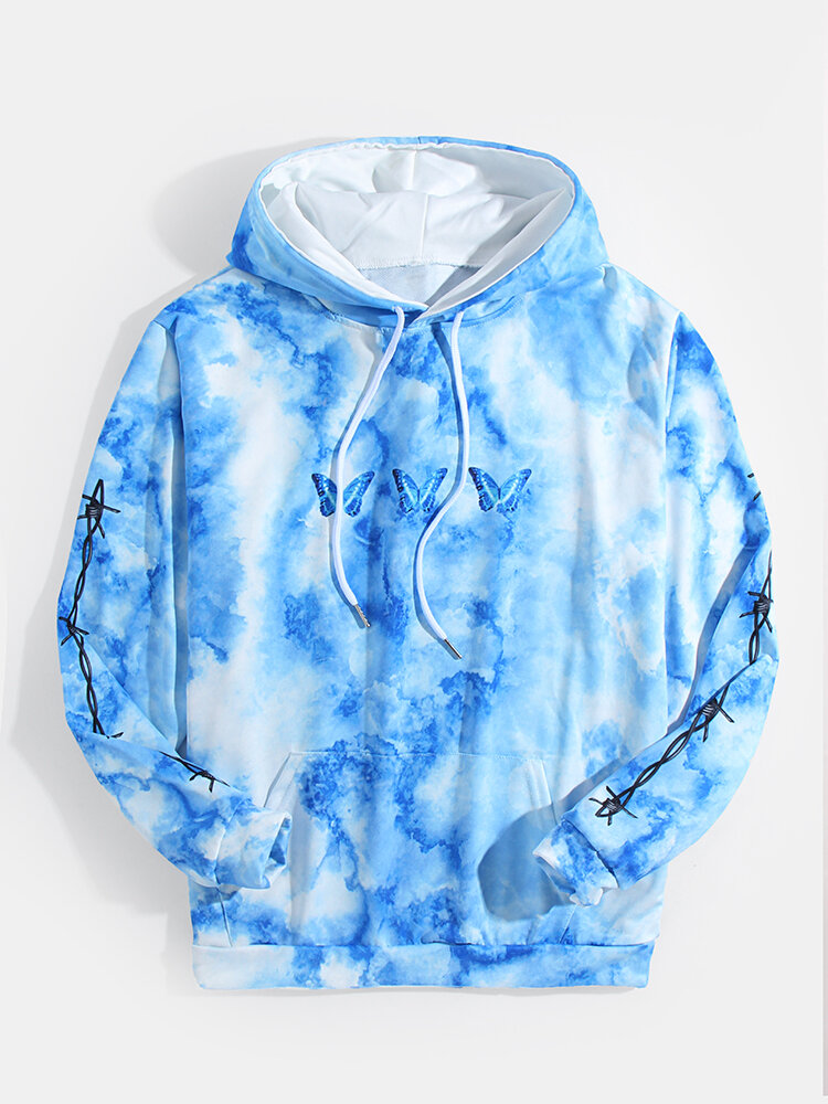 Heren vlinderprint blauwe tie-dye hoodies met lange mouwen en kangoeroezakken