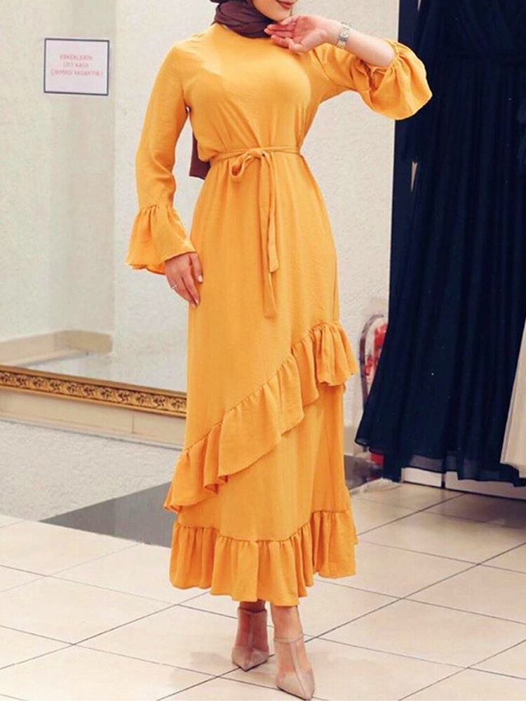 

Ruffle Hem Long Sleeve Round Neck Belted Solid Color Casual Maxi Dress For Women
