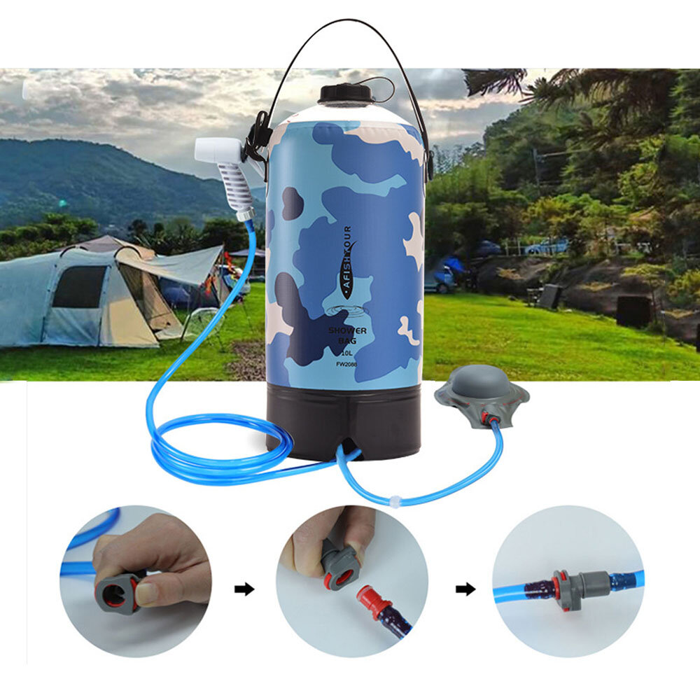 10L PVC Inflatable Shower Bag Portable Pressure Water Bag Camping Bathing Bag Car Motorcycles Food Cleaning Tools with Foot Pump Pressure Nozzle